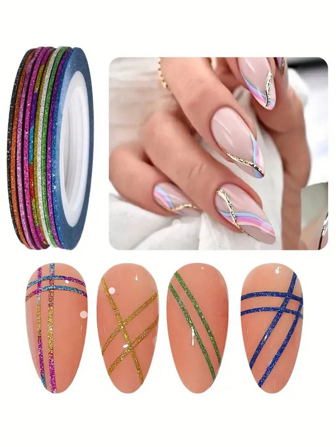 10pcs Random Color 10-Color Nail Sanding Gold And Silver Line With Back Glue, Onion Gold Glitter Sanding Nail Sticker, 1mm Nail Stickers DIY