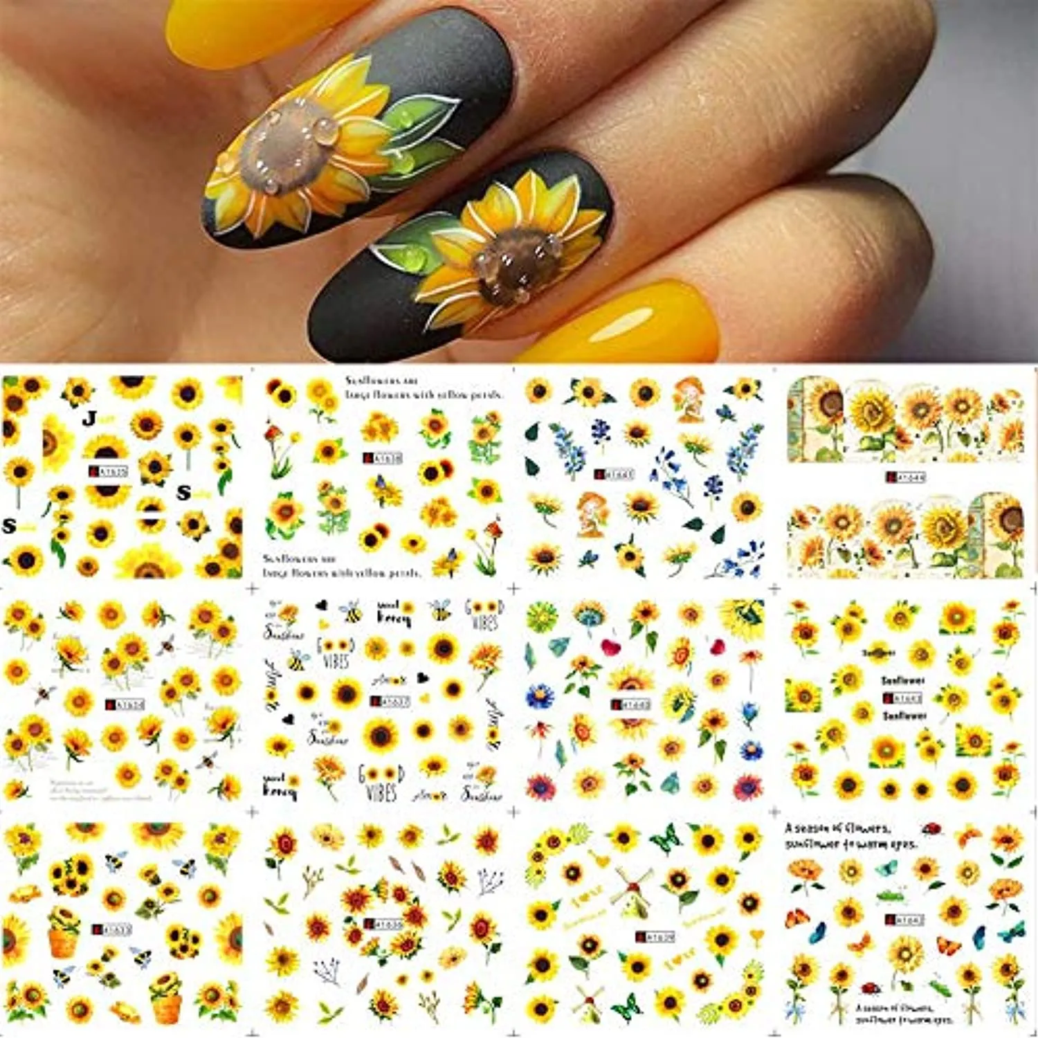 Sunflower Nail Art Stickers Summer Spring Nail Decals 12Sheets Water Transfer Nail Stickers for Women Small Daisy Sunflower Design Nail Art Supplies for Women Acrylic Nail Art DIY Decorations