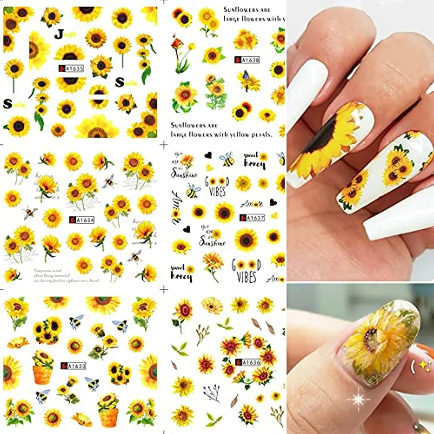 Sunflower Nail Art Stickers Summer Spring Nail Decals 12Sheets Water Transfer Nail Stickers for Women Small Daisy Sunflower Design Nail Art Supplies for Women Acrylic Nail Art DIY Decorations
