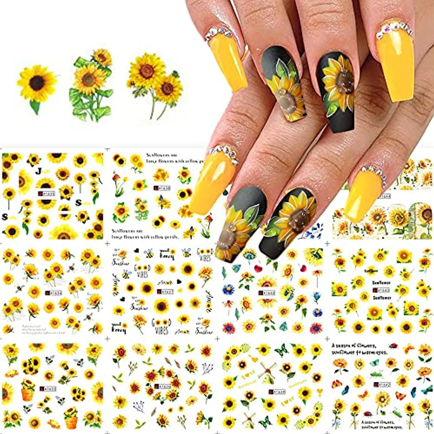 Sunflower Nail Art Stickers Summer Spring Nail Decals 12Sheets Water Transfer Nail Stickers for Women Small Daisy Sunflower Design Nail Art Supplies for Women Acrylic Nail Art DIY Decorations