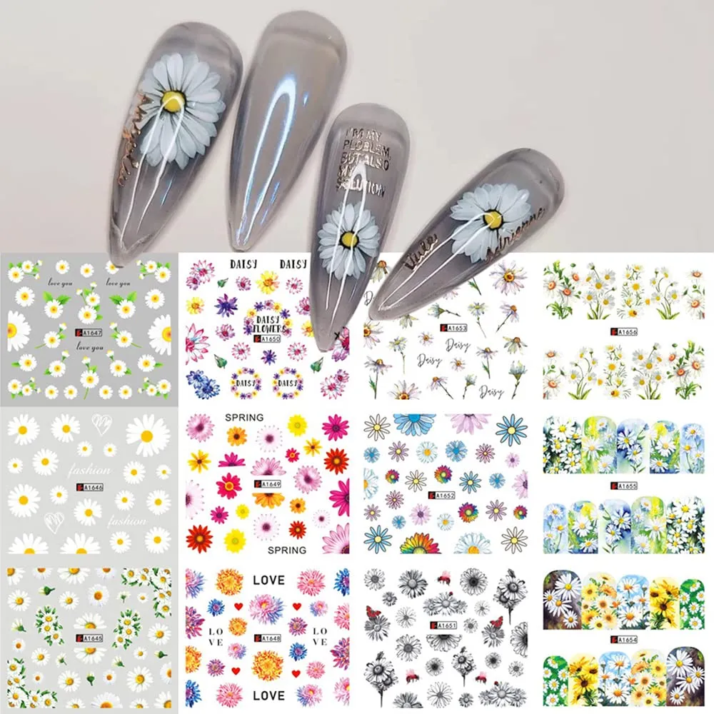 Sunflower Nail Art Stickers Summer Spring Nail Decals 12Sheets Water Transfer Nail Stickers for Women Small Daisy Sunflower Design Nail Art Supplies for Women Acrylic Nail Art DIY Decorations